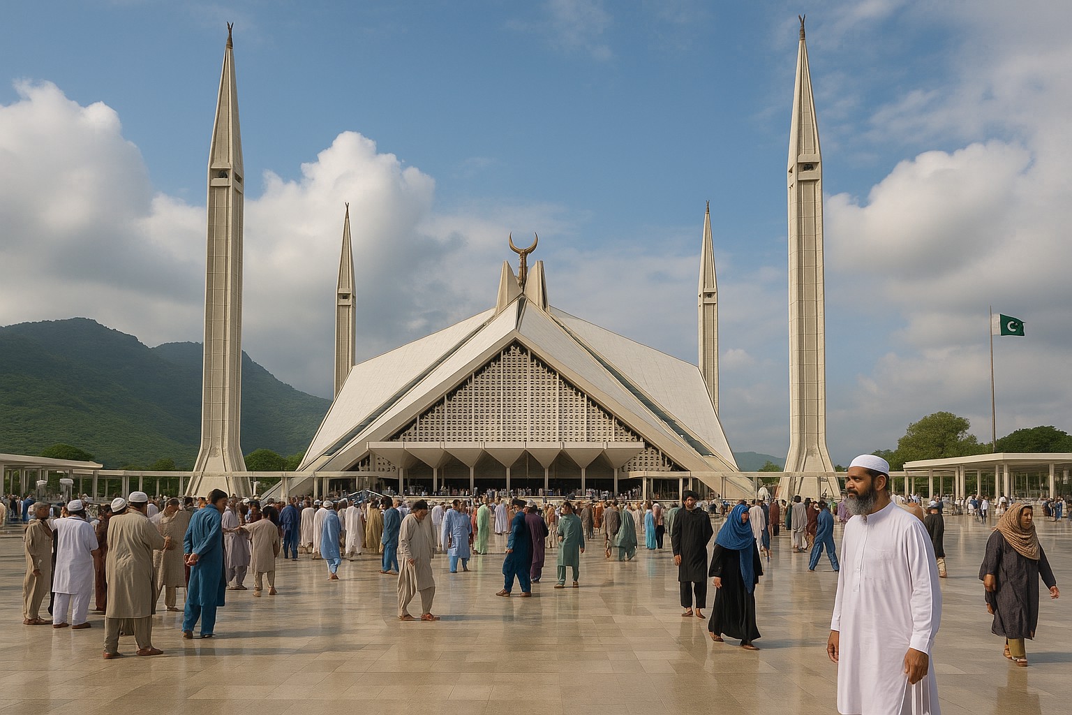 Eine hochauflösende Aufnahme der Faisal-Moschee in Islamabad, Pakistan, vor dem Hintergrund der grünen Margalla-Hügel und eines leicht bewölkten Himmels. Auf dem großen Vorplatz stehen zahlreiche Menschen in traditioneller Kleidung.
