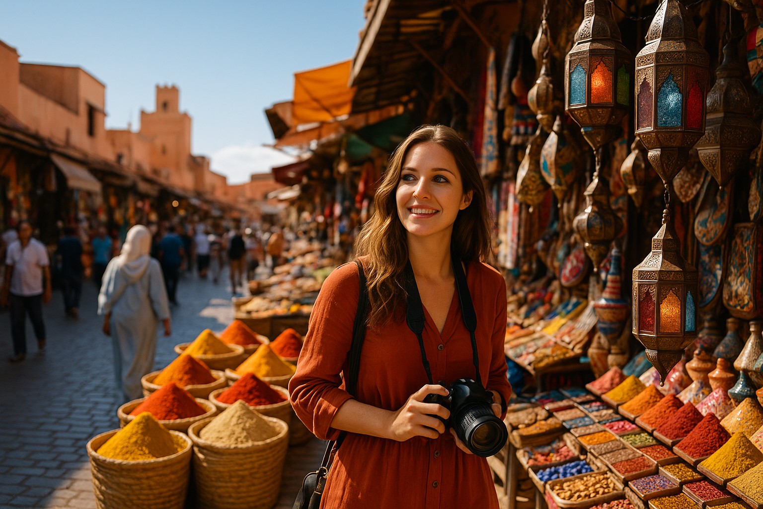 Eine junge Touristin mit Kamera schlendert durch einen farbenfrohen Gewürz- und Lampenmarkt in der Altstadt von Marrakesch – im Hintergrund enge Gassen, Marktstände und typische ockerfarbene Gebäude.
