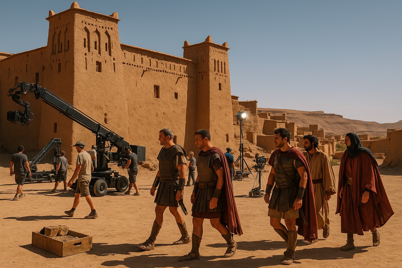 Ein hochauflösendes Foto zeigt ein Filmset im Freien vor einer traditionellen marokkanischen Kasbah. Römisch gekleidete Schauspieler gehen vor der Kamera, während Filmtechniker und ein großer Kamerakran die Szene begleiten. Die Kulisse besteht aus sandfarbenen Lehmgebäuden, typisch für Südmarokko, mit klarer Wüstenlandschaft im Hintergrund.
