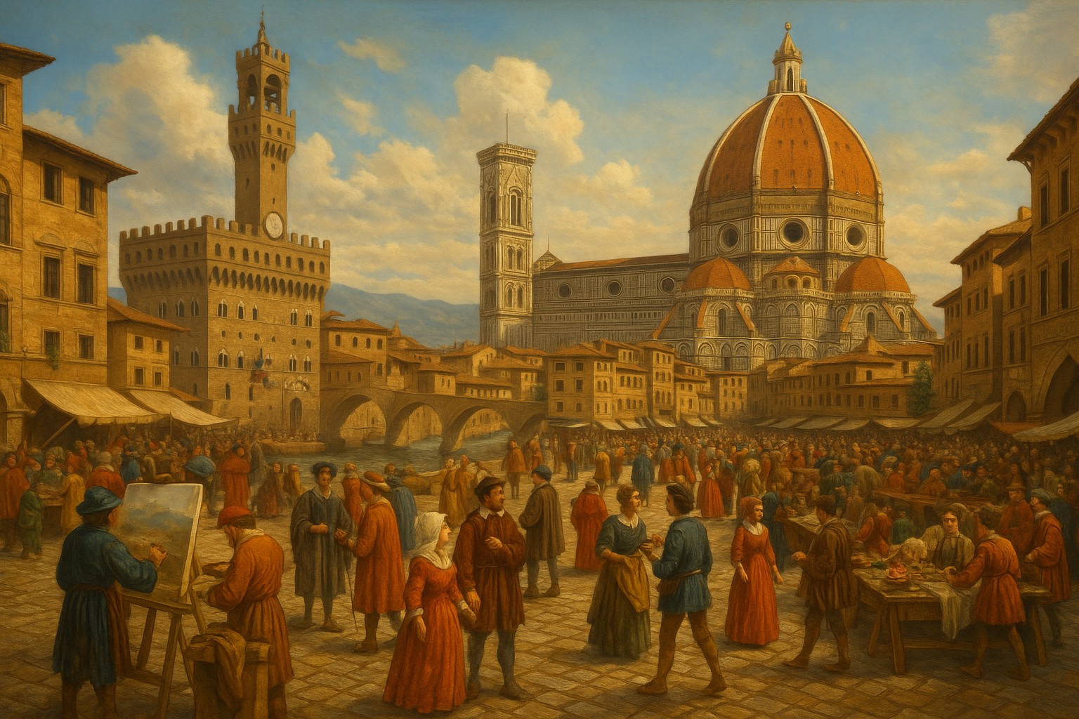 Historische Darstellung von Florenz zur Zeit der Renaissance mit Dom, Palazzo Vecchio und lebendigem Marktplatz.
