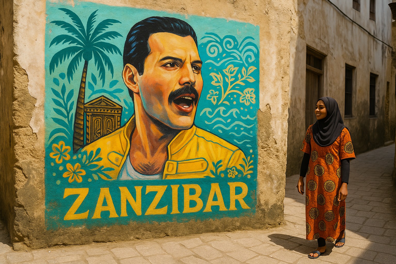Eine moderne Wandmalerei von Freddie Mercury in Stone Town, Sansibar, mit lokalen Ornamenten und dem Schriftzug „Zanzibar“.
