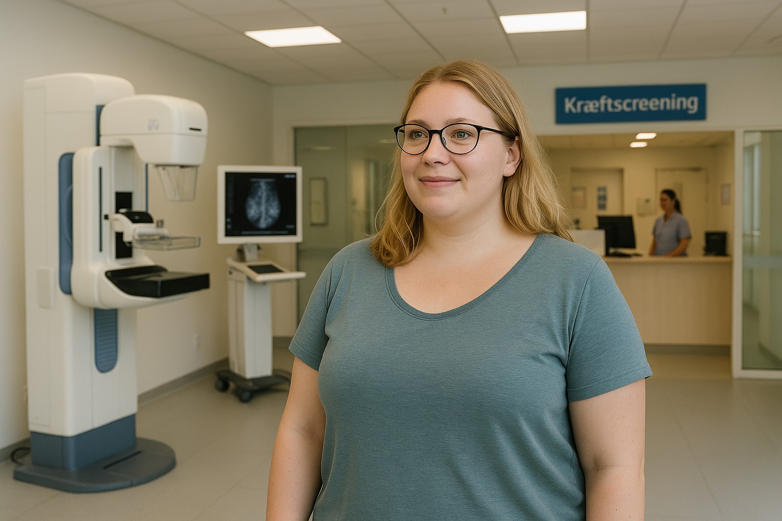 Eine junge dänische Frau mit blonden Haaren und Brille steht in einem modernen Diagnosezentrum in Kopenhagen, neben einem medizinischen Gerät zur Krebsfrüherkennung, in einer hellen, sauberen Umgebung.
