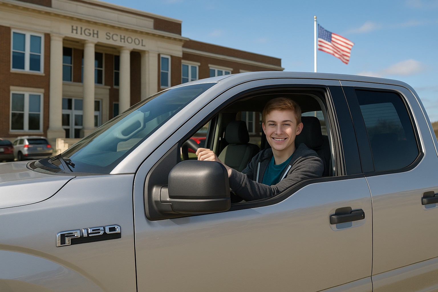Ein 15-jähriger Teenager sitzt am Steuer eines silbernen Pickups vor einer amerikanischen Highschool mit Backsteinfassade und wehender US-Flagge im Hintergrund – sonniger Himmel, typischer Vorort-Schulparkplatz.
