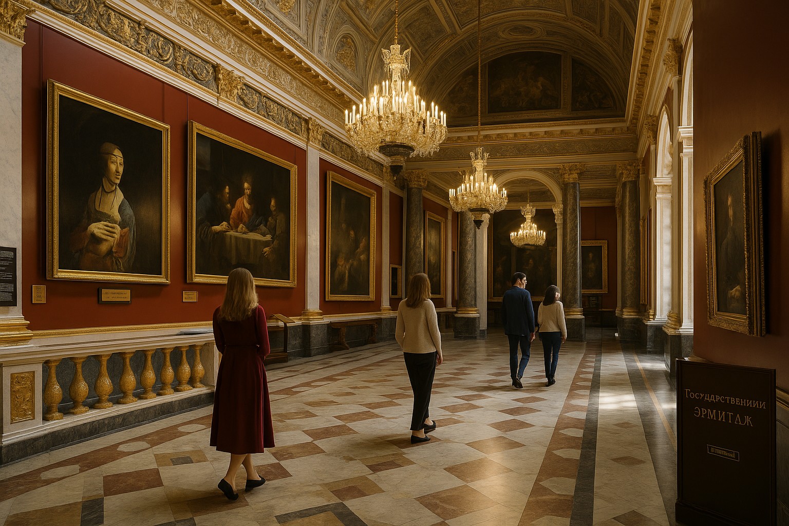 Eine Fotografie zeigt das Innere einer prächtigen Galerie im Eremitage-Museum in Sankt Petersburg, mit vergoldeten Kronleuchtern, Marmorsäulen und klassischen Gemälden an den Wänden. Besucher spazieren ruhig durch den Raum.

