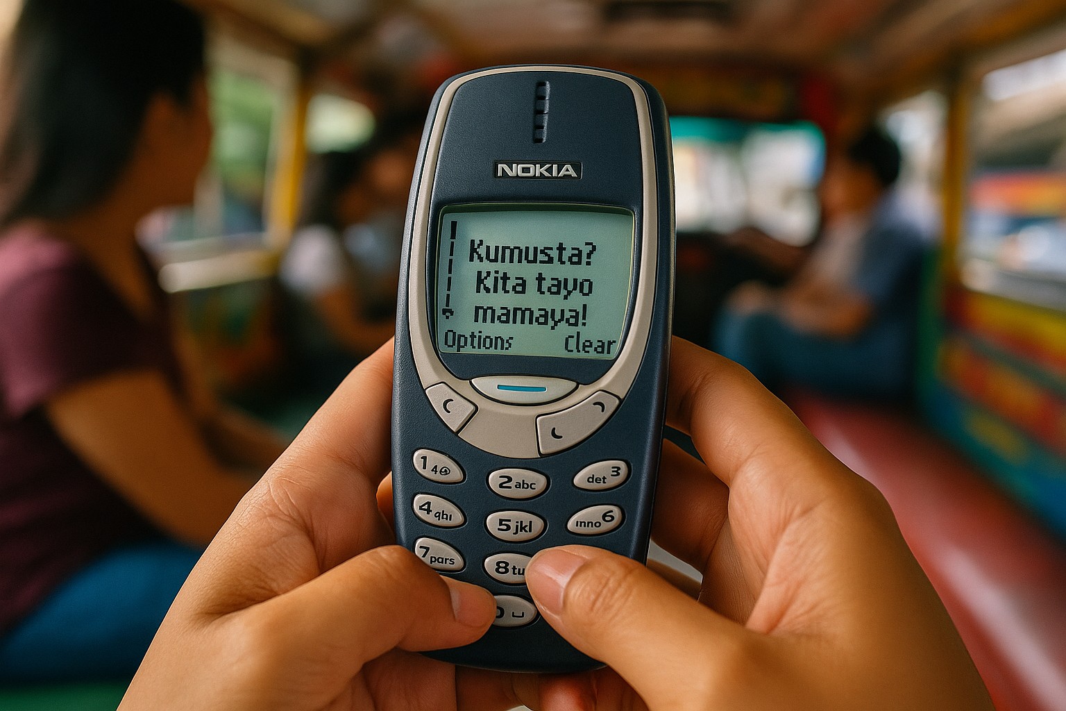 Nahaufnahme eines Nokia-3310-Handys aus den frühen 2000ern: Auf dem monochromen Display steht eine Tagalog-SMS „Kumusta? Kita tayo mamaya!“; im Hintergrund verschwimmt das Innere eines farbenfrohen Jeepneys mit Passagieren.
