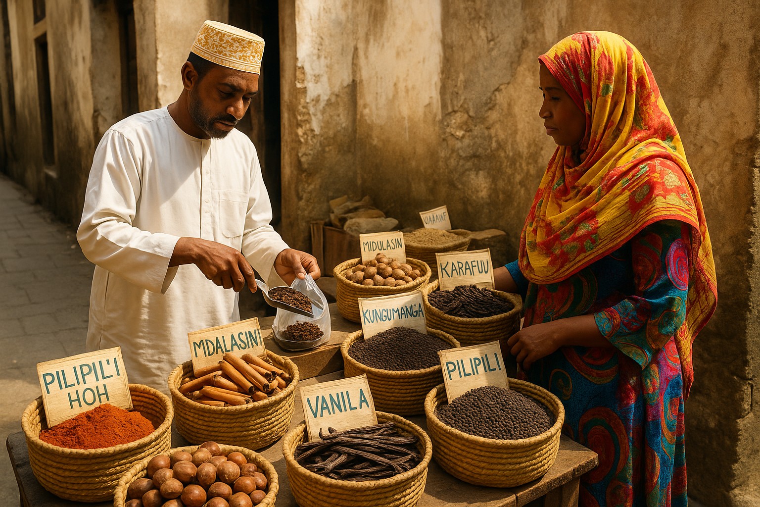 Ein Gewürzmarkt in einer Gasse von Stone Town mit bunten Körben voller Nelken, Zimt und Vanille – ein Händler bedient eine Kundin.
