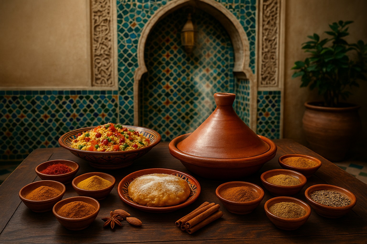 Ein reich gedeckter Holztisch in einem marokkanischen Riads-Innenhof: In der Bildmitte dampft ein tonfarbener Tajine, flankiert von bunt garniertem Couscous, einer Puderzucker‑Bastilla und neun kleinen Tonschalen mit Safran, Ras el‑Hanout, Zimt, Ingwer, Kreuzkümmel u. a.; im Hintergrund schimmert eine türkis‑blaue Zellij‑Mosaikwand mit einem arabesken Bogen.
