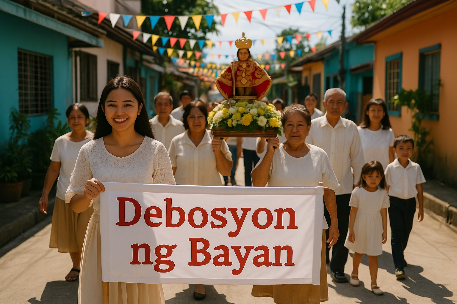 Feierliche katholische Prozession auf einer philippinischen Dorfstraße: Eine junge Frau führt mit einem Banner „Debosyon ng Bayan“, dahinter tragen Gläubige eine geschmückte Santo-Niño-Statue; bunte Fähnchen schmücken die Gasse bei hellem Tageslicht.
