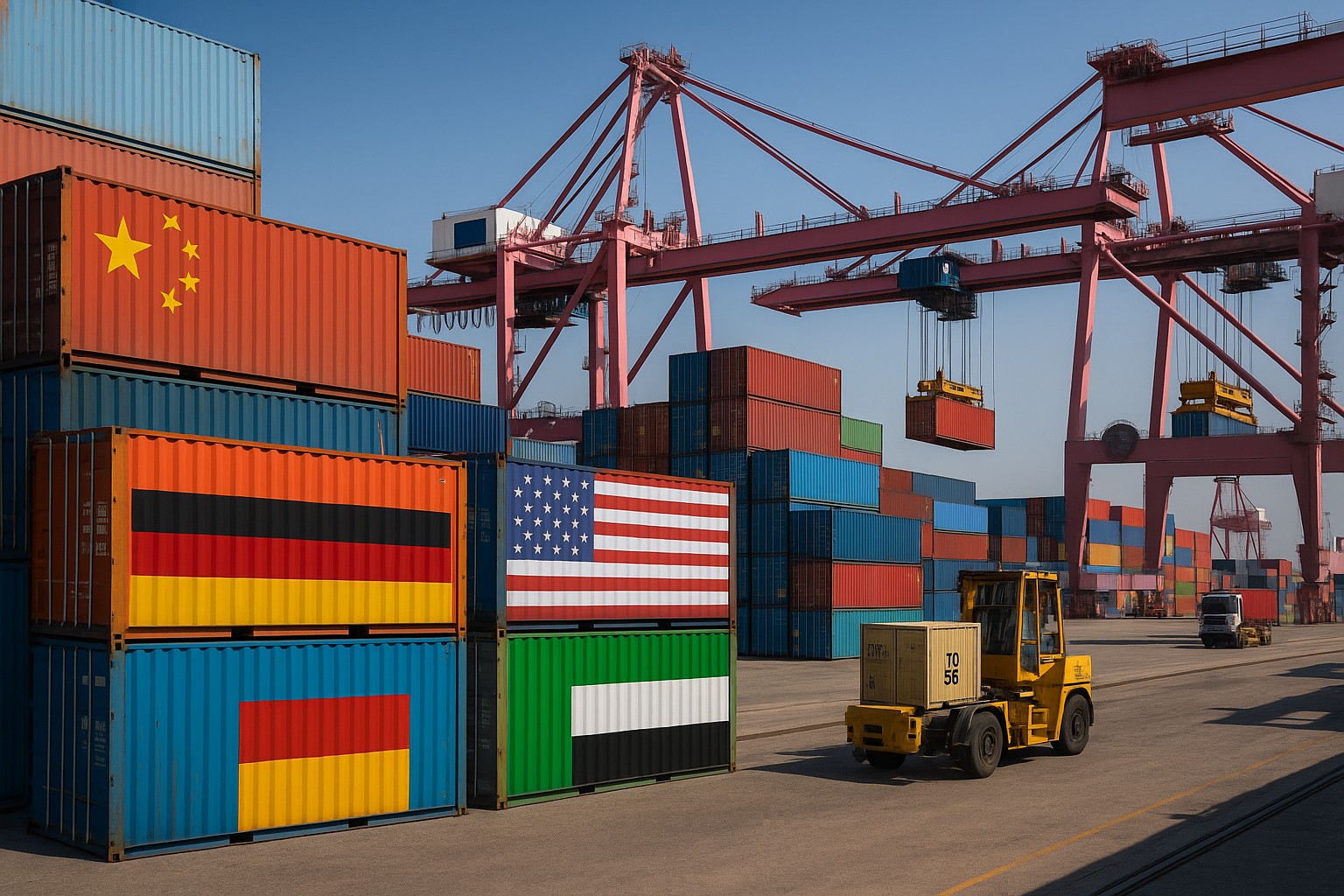Container mit Länderflaggen aus China, Deutschland, den USA und den Vereinigten Arabischen Emiraten stapeln sich in einem modernen Frachthafen mit großen Kränen.
