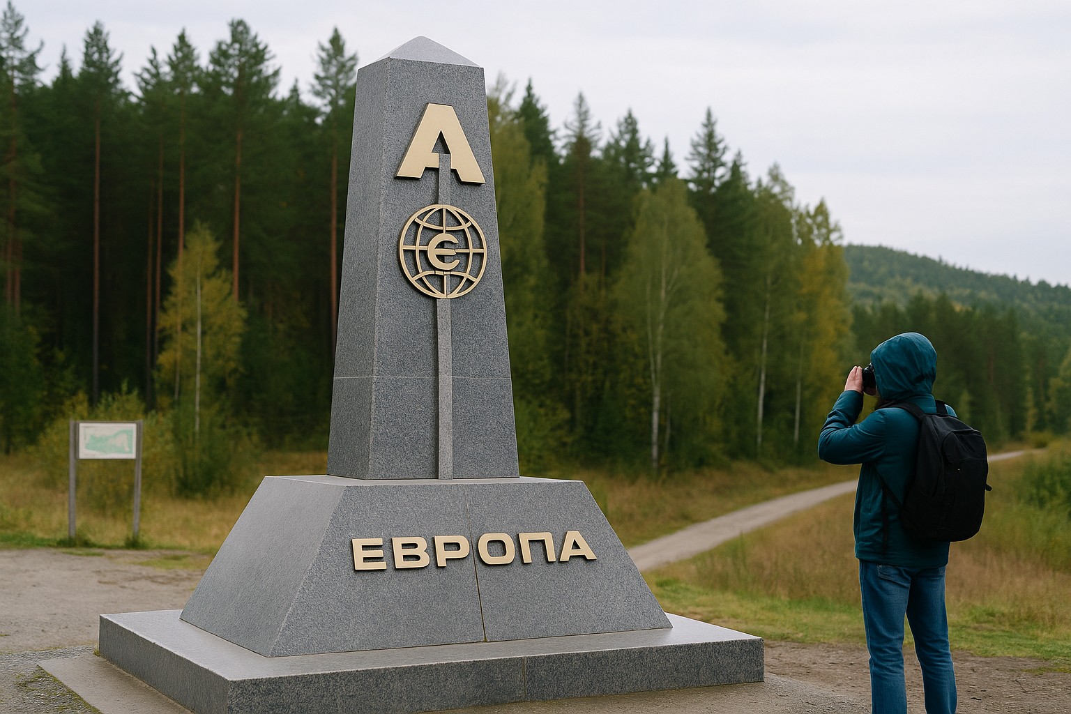 Ein geografischer Obelisk im Ural markiert die Grenze zwischen Europa und Asien, mit den kyrillischen Buchstaben „Е“ und „А“, im Hintergrund ein Wald und ein Tourist mit Kamera.
