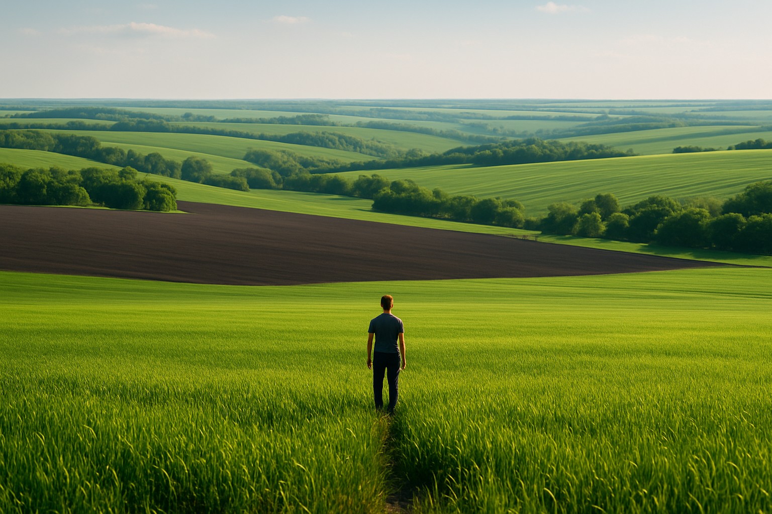 Eine einzelne Person steht inmitten einer weiten ukrainischen Landschaft mit sanften Hügeln und grünen Feldern unter goldenem Nachmittagslicht.
