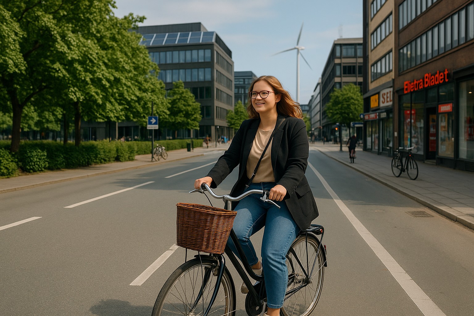 Eine junge Dänin mit Brille fährt lächelnd auf einem schwarzen Citybike durch eine grüne Straße in Kopenhagen, mit modernen Gebäuden, Bäumen und einem Windrad im Hintergrund.