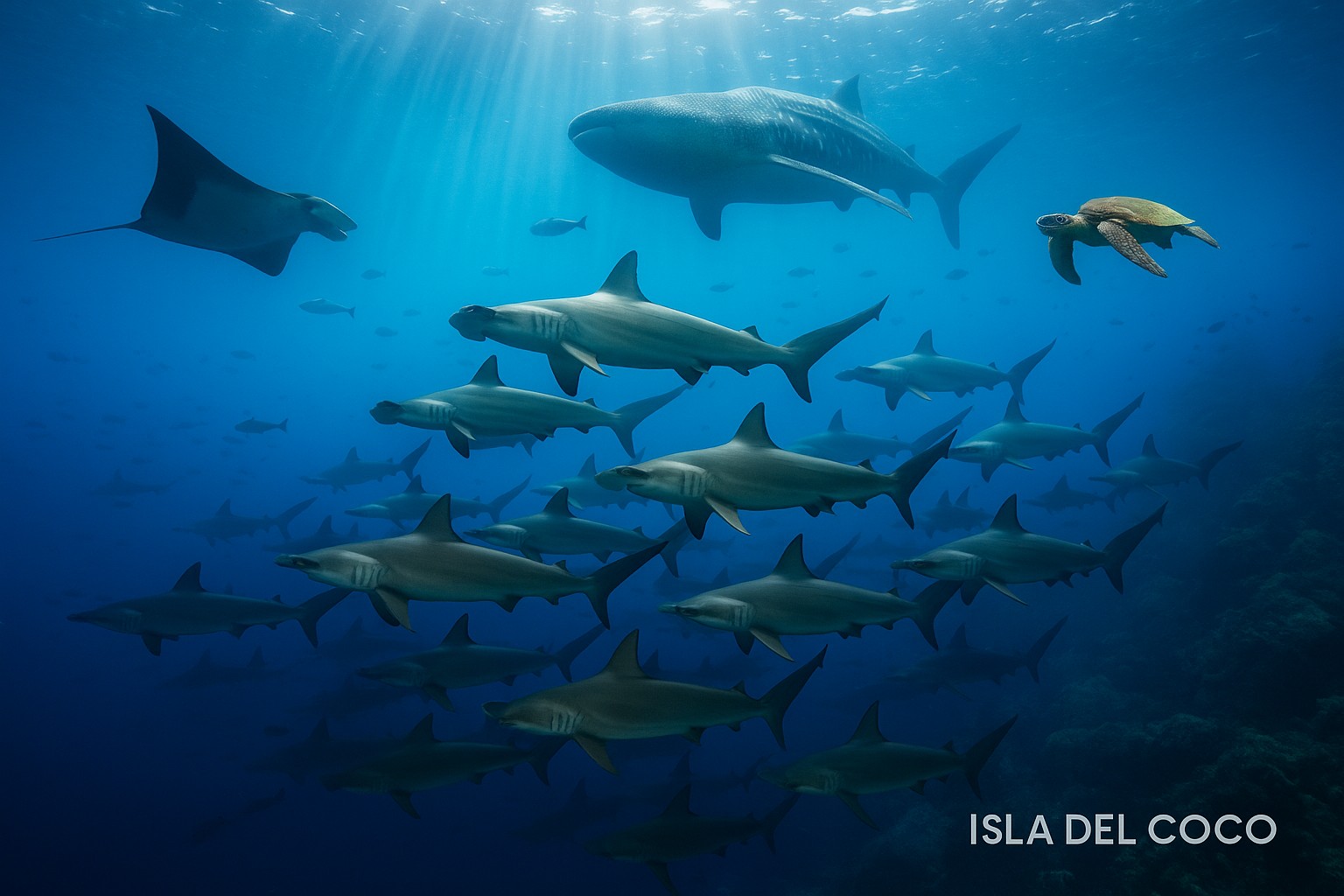 Unterwasseraufnahme vor der Isla del Coco in Costa Rica mit einer großen Gruppe von Hammerhaien, begleitet von einem Walhai, einem Manta und einer Meeresschildkröte im klaren, sonnenbeschienenen Wasser.
