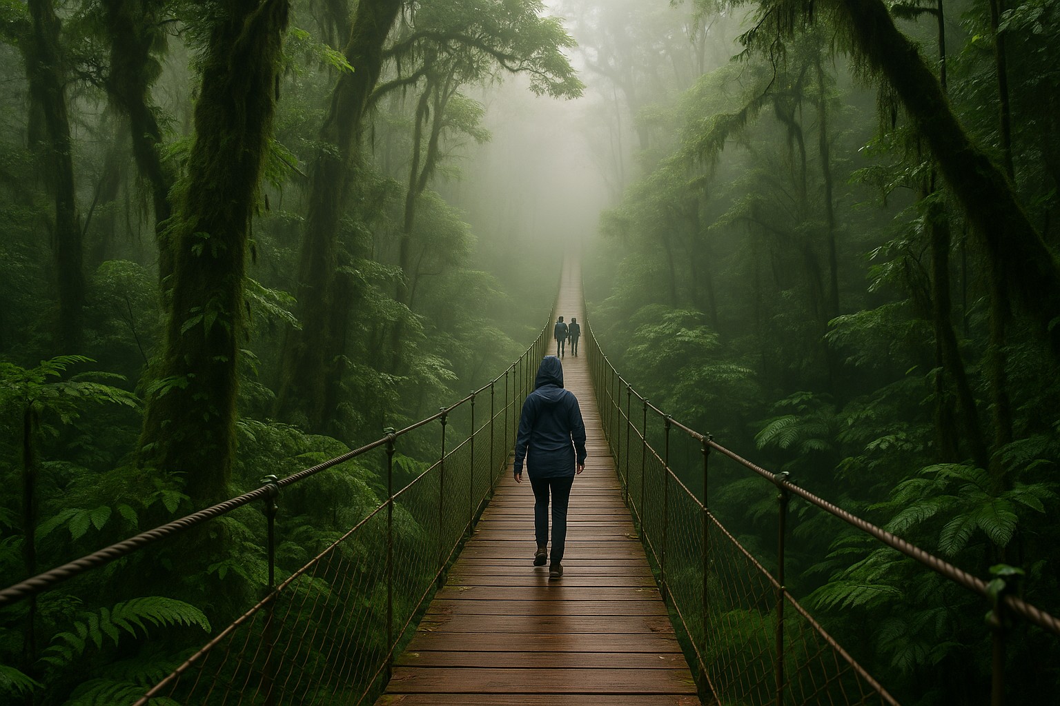 Eine Person geht über eine lange Hängebrücke aus Holz, die sich durch einen nebligen Wolkenwald in Monteverde, Costa Rica, erstreckt, umgeben von moosbedeckten Bäumen und dichtem, grünem Laub.
