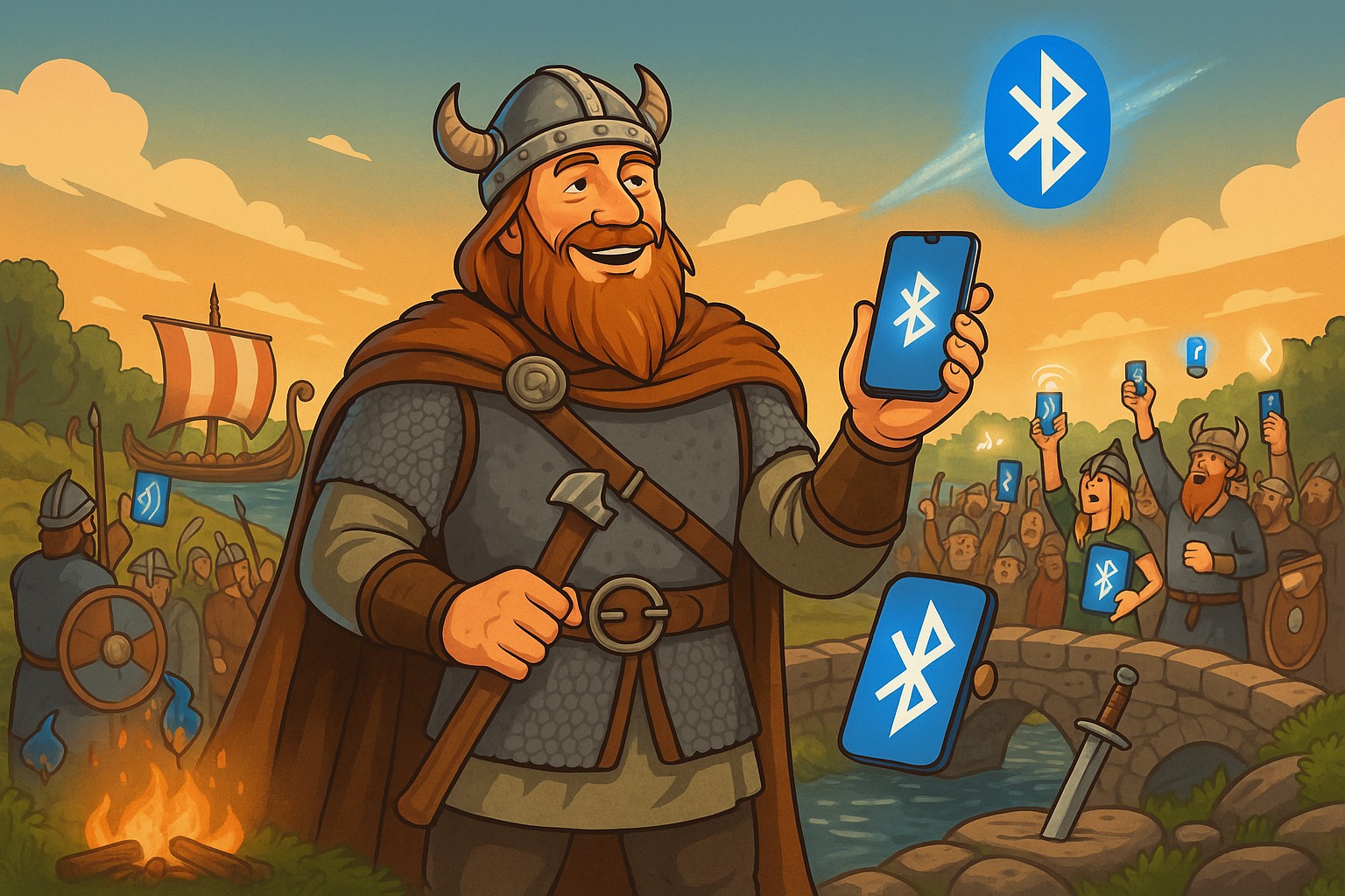 Eine farbenfrohe digitale Illustration zeigt den dänischen Wikingerkönig Harald Blauzahn mit einer modernen Bluetooth-Symbolik, die kreativ in das Bild eingearbeitet ist.
