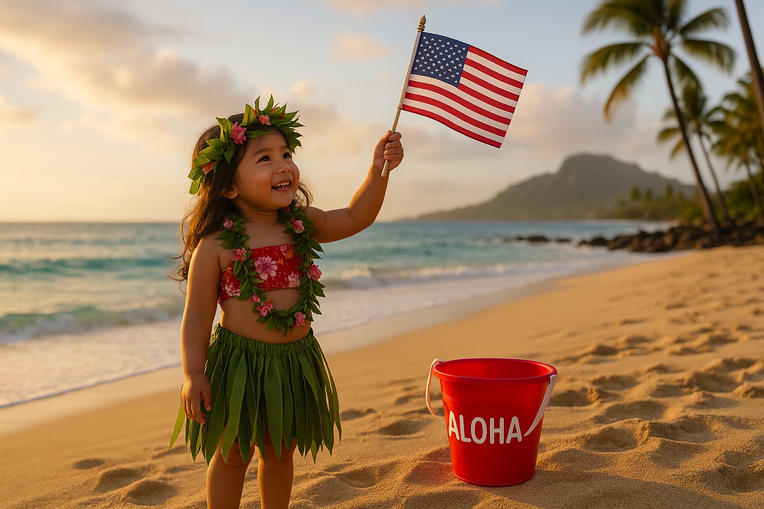 A young Hawaiian girl on a beach holding an American flag
