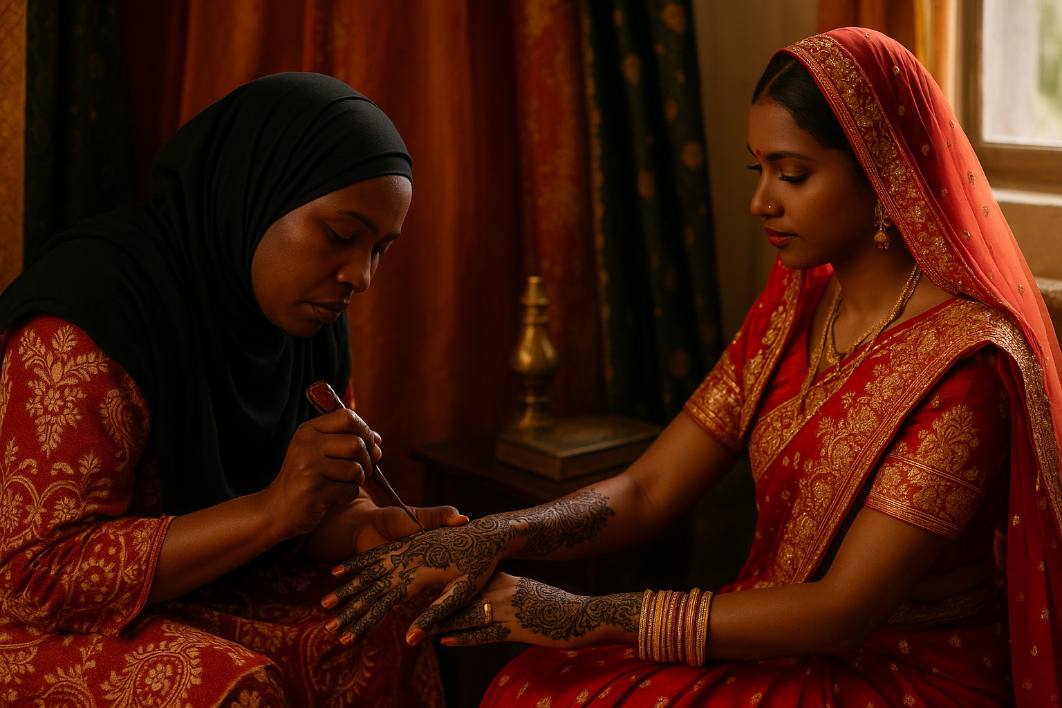 Eine Braut in einem goldverzierten indischen Sari lässt sich von einer anderen Frau die Hände mit Henna bemalen – ein stiller, intimer Hochzeitsmoment in Sansibar.
