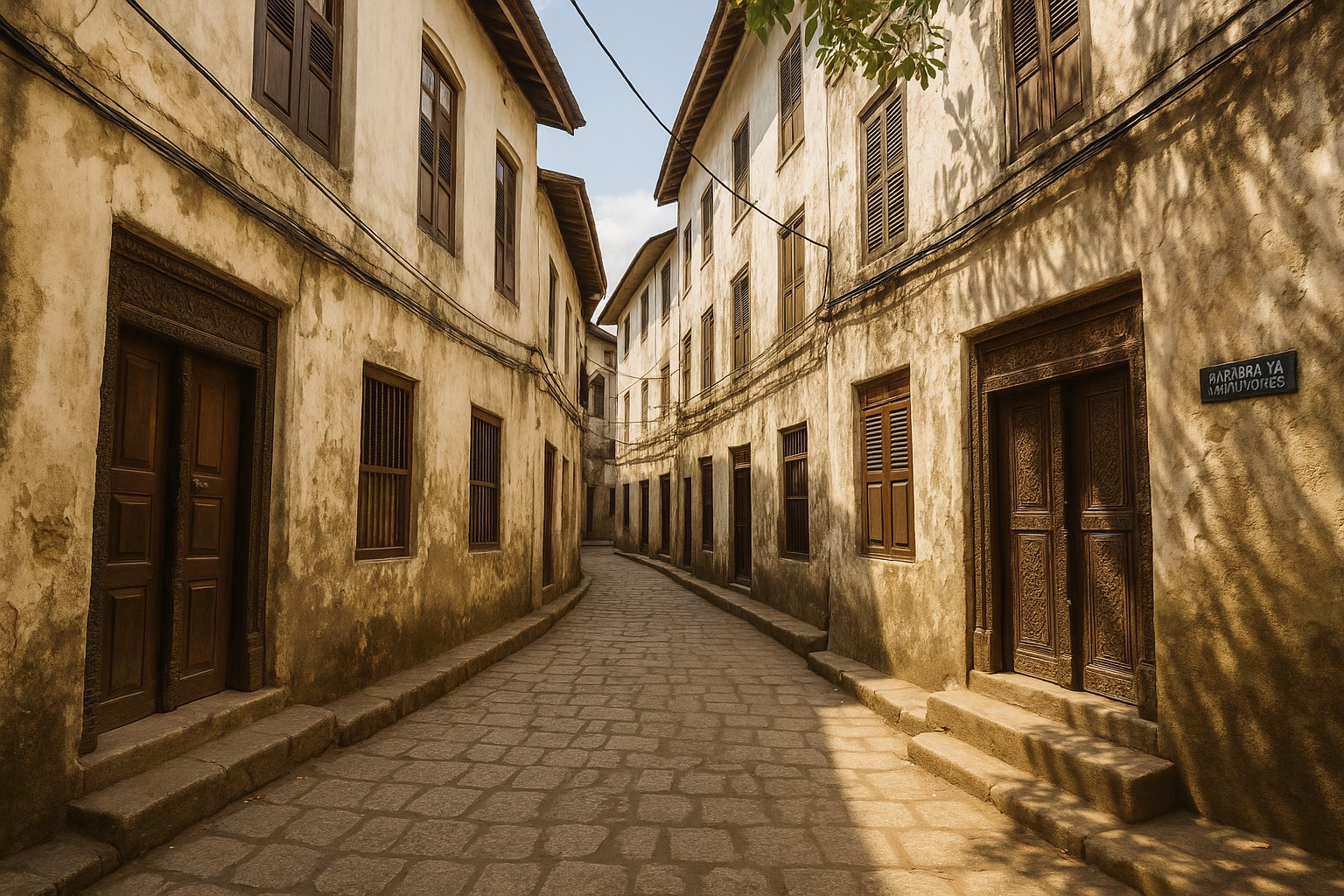 Eine enge Gasse in Stone Town, Sansibar, mit Gebäuden aus Korallenstein, geschnitzten Holztüren und Fensterläden im Swahili-Stil.
