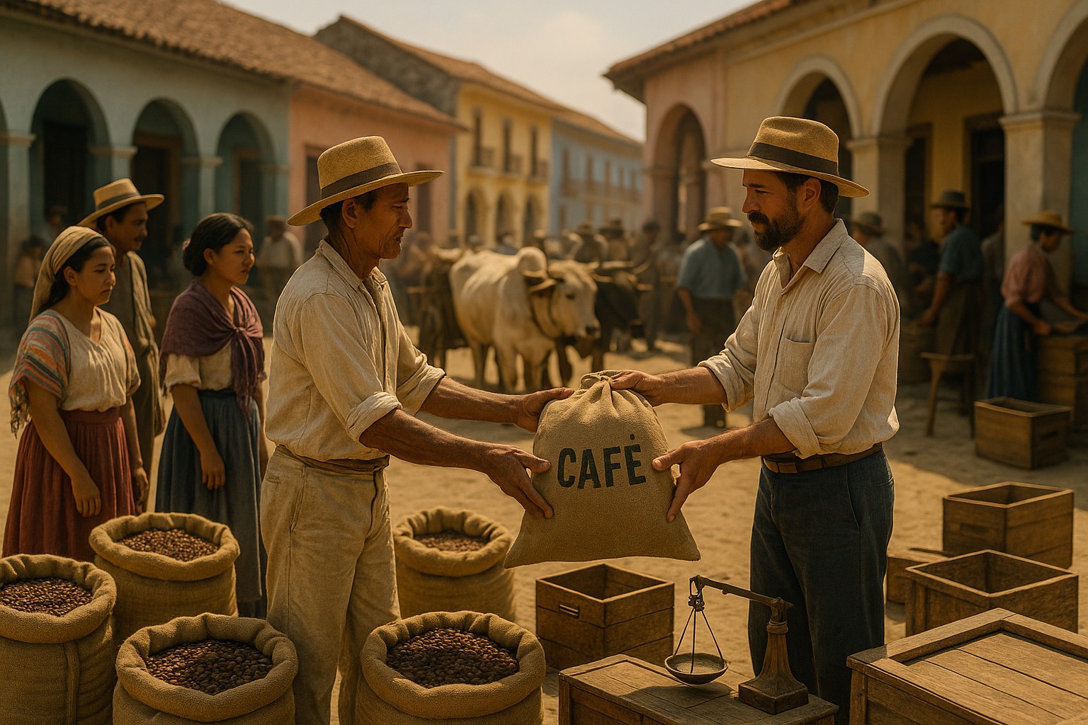 Ein historisches Foto zeigt einen Marktplatz in Costa Rica im 19. Jahrhundert, wo Säcke mit Kaffeebohnen als Zahlungsmittel verwendet werden, umgeben von Bauern in traditioneller Kleidung.

