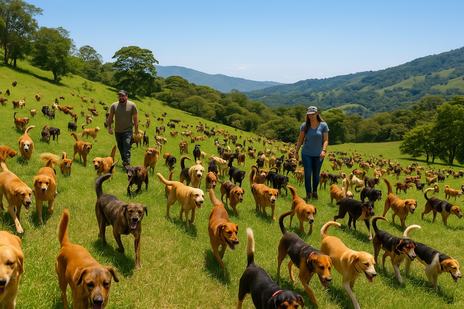 Ein hochauflösendes Foto zeigt ein weites, grünes Hügelland in Costa Rica, übersät mit Hunden unterschiedlicher Rassen und Größen, die frei herumlaufen. Zwei Tierpfleger – ein Mann und eine Frau – gehen zwischen den Hunden und genießen die Szenerie.
