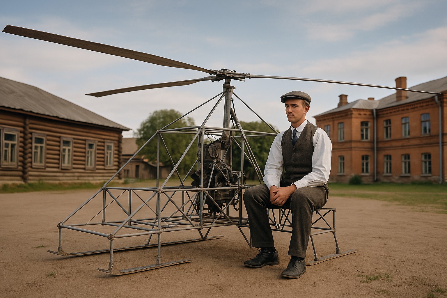 Ein historisches Farbfoto zeigt Igor Sikorsky, wie er auf dem Metallrahmen seines ersten Hubschrauber-Prototyps sitzt, mit alten Gebäuden im Hintergrund in einem Hof in Kyjiw.
