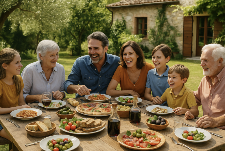 Italienische Großfamilie sitzt lachend an einem großen Holztisch im Garten, voller traditioneller italienischer Speisen wie Pasta, Pizza, Oliven und Antipasti.
