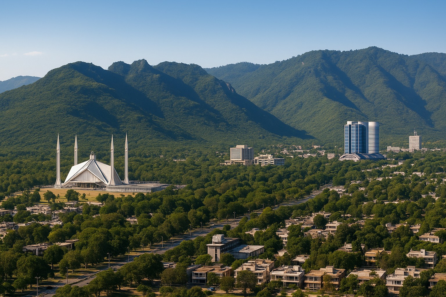 Eine hochauflösende Panoramaaufnahme zeigt Islamabad bei Tageslicht, mit der Faisal-Moschee im Vordergrund und den üppig grünen Margalla-Hügeln im Hintergrund. Die moderne Stadt mit ihren Gebäuden und breiten Straßen erstreckt sich unter einem klaren blauen Himmel.

