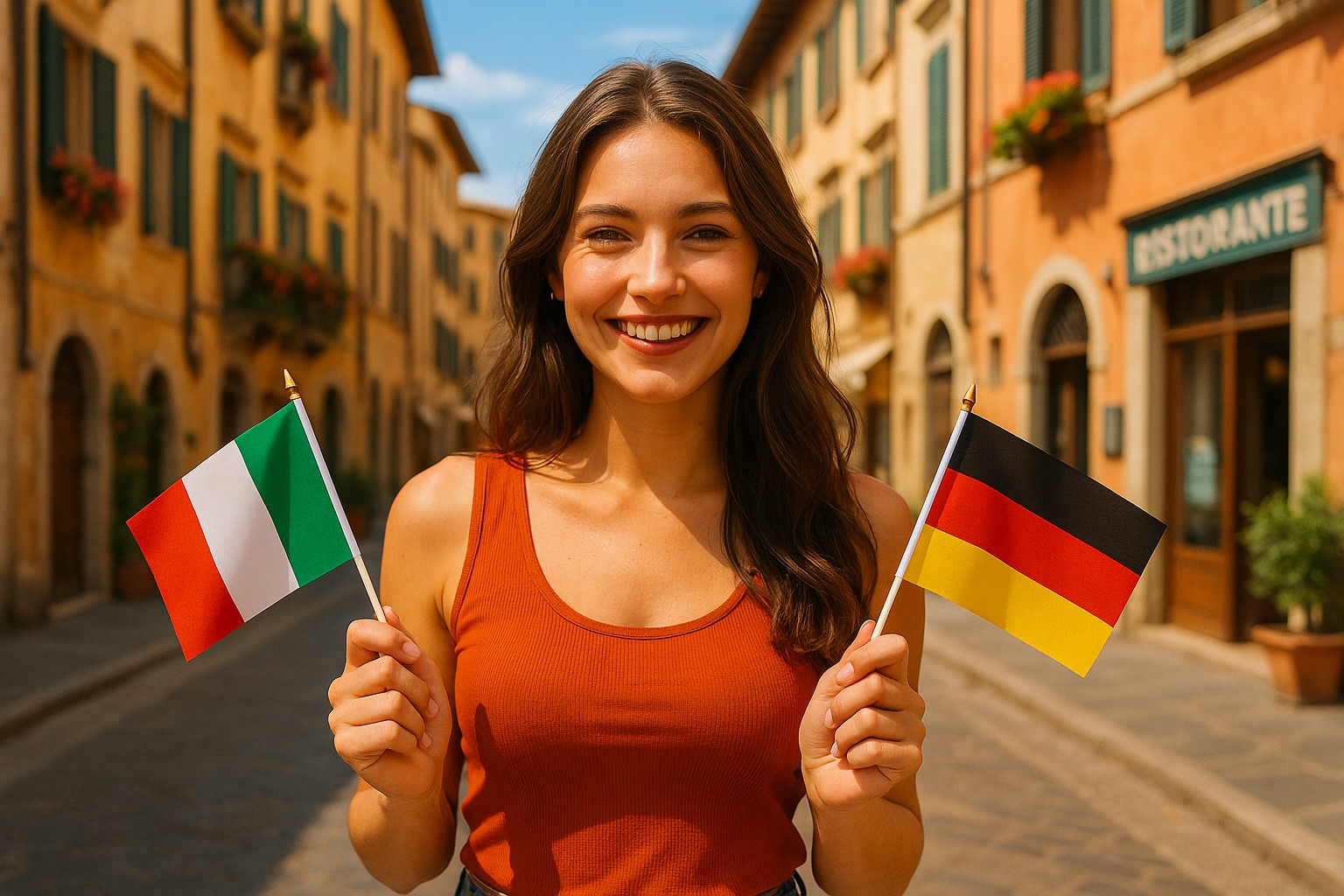 Junge Italienerin mit zwei kleinen Flaggen – Italien und Deutschland – in einer sonnigen italienischen Altstadt.
