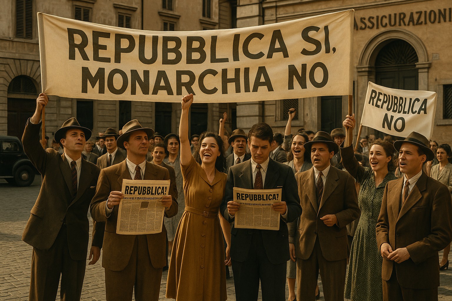 Historische Szene in Italien 1946 – Menschen feiern das Ende der Monarchie mit Schildern „Repubblica sì, Monarchia no“.
