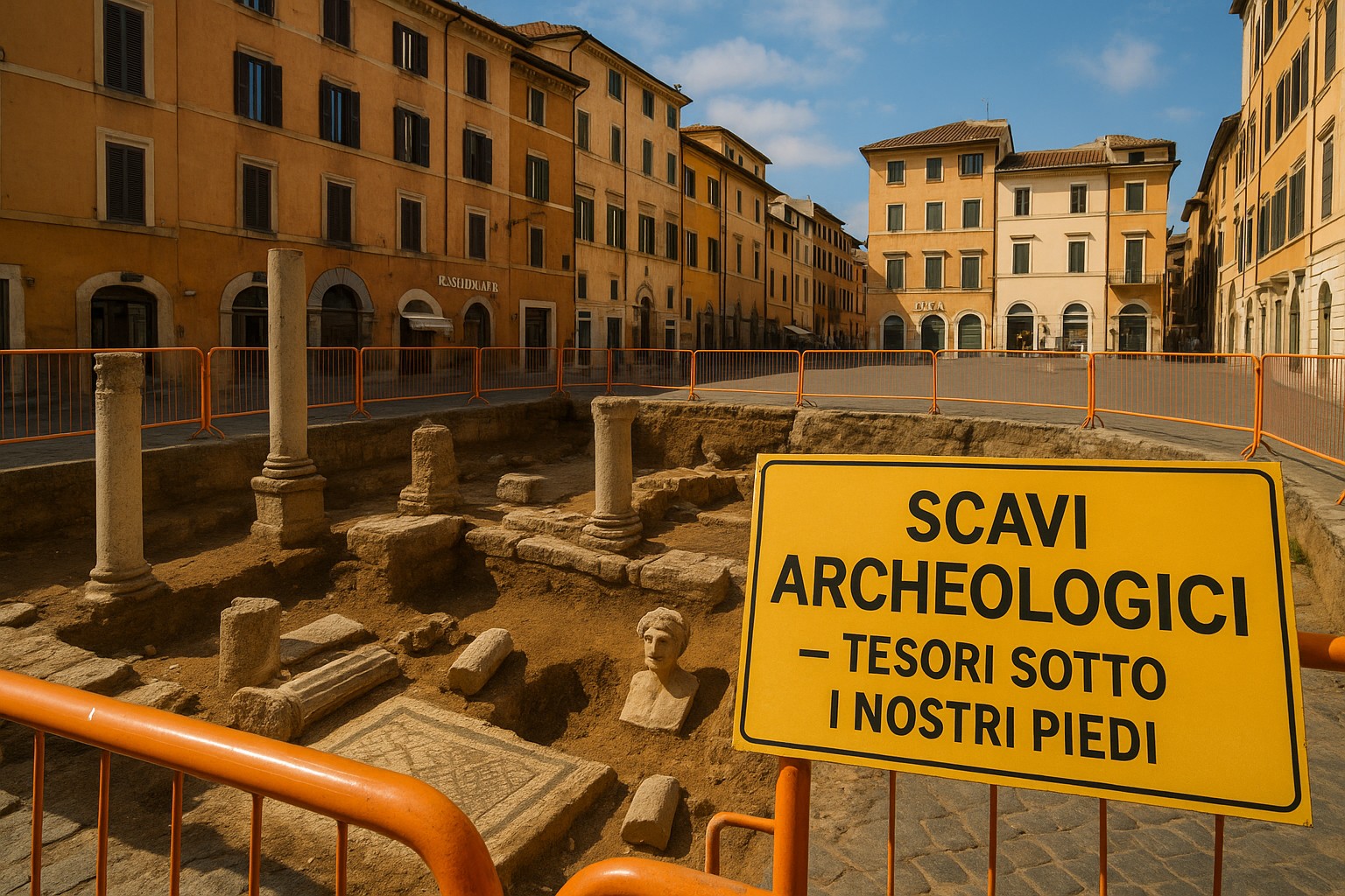 Archäologische Ausgrabung mitten in einer italienischen Stadt mit Schild „Scavi Archeologici – Tesori sotto i nostri piedi“.
