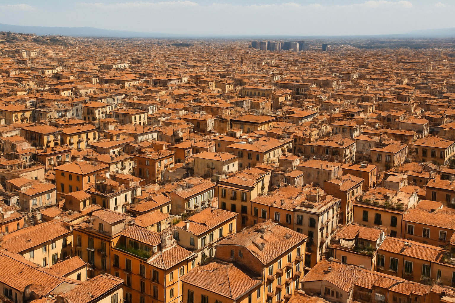 Luftaufnahme einer italienischen Stadt mit dicht gedrängten Gebäuden und endlosen Ziegeldächern unter blauem Himmel.
