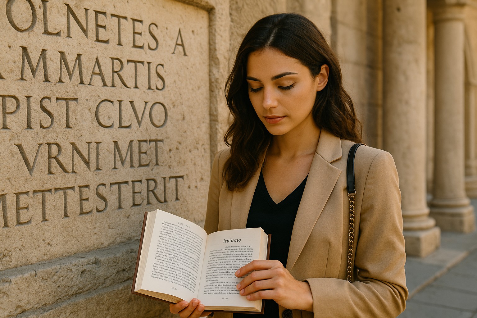 Junge Italienerin liest ein Buch vor einer antiken römischen Steinwand mit lateinischen Inschriften.
