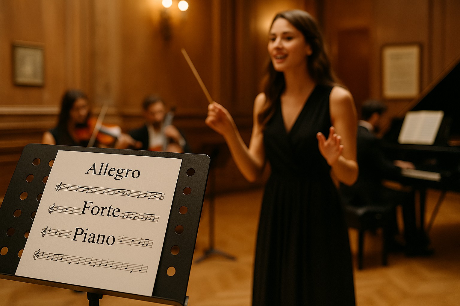 Musikprobe in einem klassischen Saal mit Notenblatt und italienischen Begriffen wie „Allegro“, „Forte“ und „Piano“.
