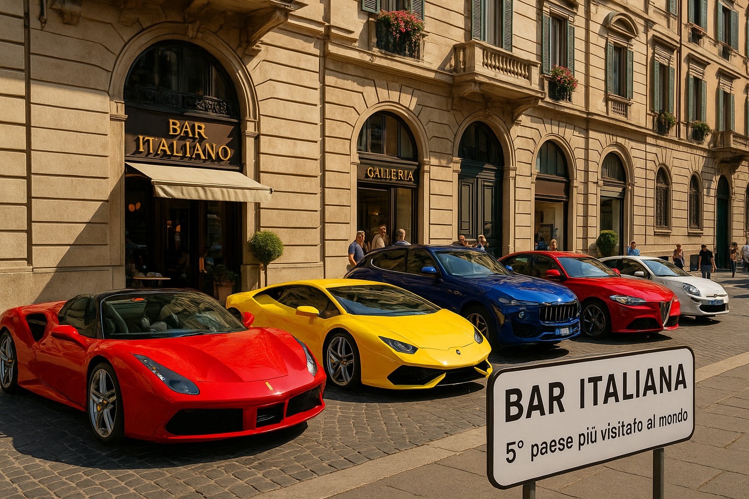 Italienische Luxusautos – Ferrari, Lamborghini, Maserati und Alfa Romeo – vor einem Café in einer italienischen Stadt.
