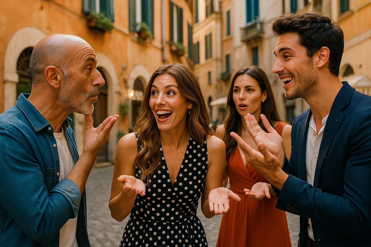 Italiener unterhalten sich lebhaft mit typischen Handgesten auf einer sonnigen Straße in Rom.
