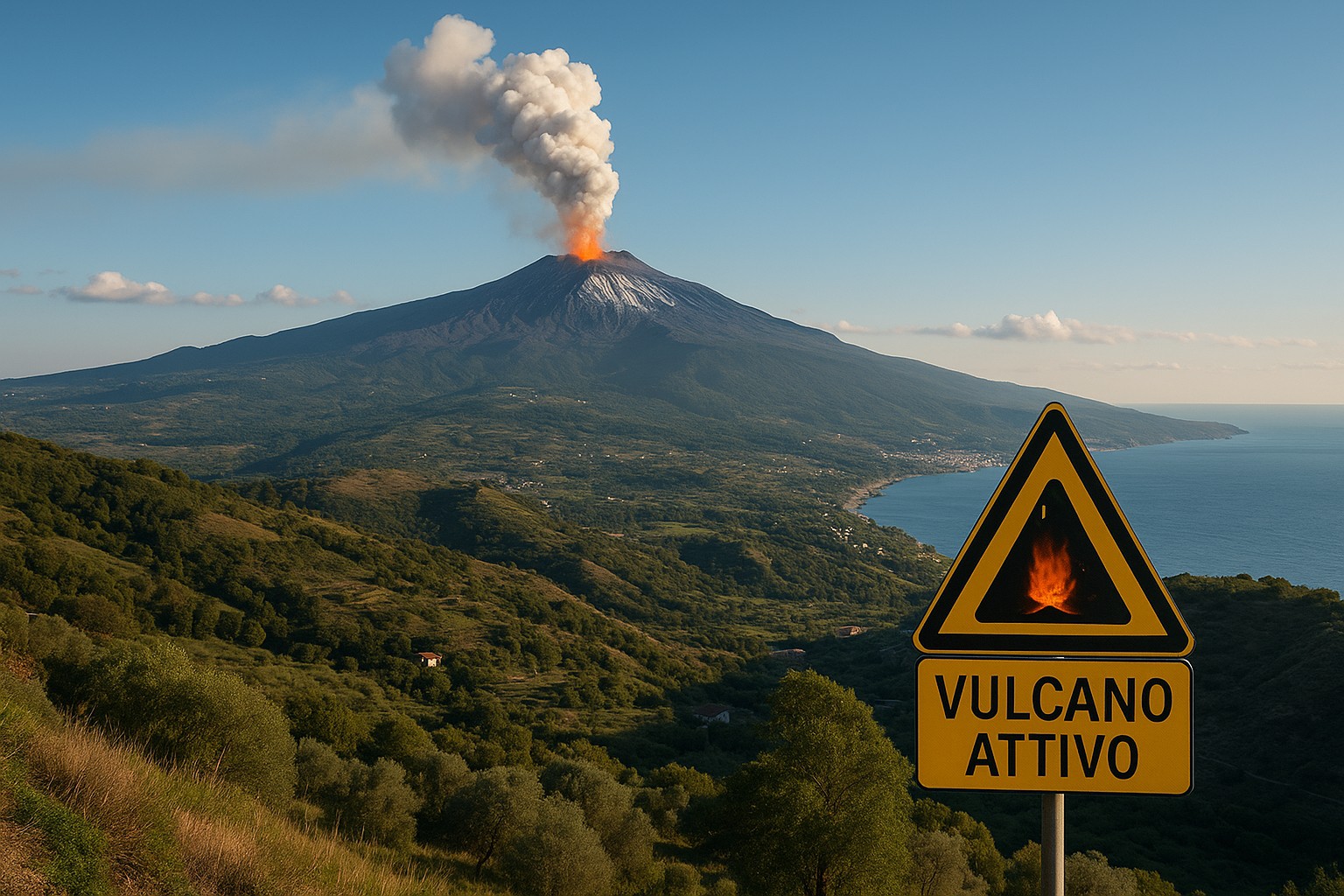 Aktiver Vulkan Ätna auf Sizilien mit Rauch und Lava, im Vordergrund ein Warnschild „Vulcano Attivo“.
