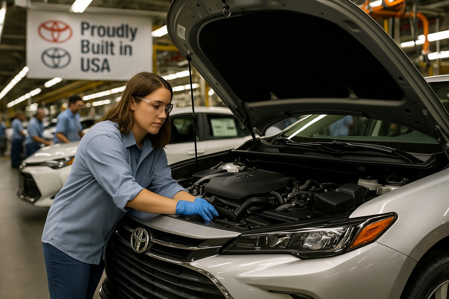 Eine junge amerikanische Arbeiterin mit Schutzbrille und Handschuhen inspiziert den Motorraum eines neuen Toyota im Inneren eines modernen Montagewerks. Im Hintergrund arbeiten weitere Angestellte unter einem großen Banner mit der Aufschrift „Proudly Built in USA“.
