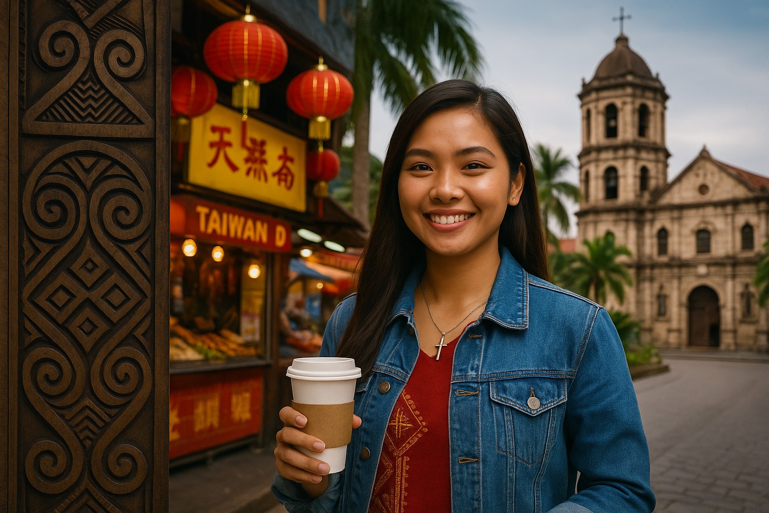 Eine junge Filipina mit mittellangem dunklem Haar steht lächelnd in einer belebten Straße. Sie trägt ein rotes Oberteil mit goldenen Mustern, eine Jeansjacke und eine Halskette mit Kreuzanhänger. In der Hand hält sie einen Kaffeebecher. Im Hintergrund sieht man eine alte katholische Kirche sowie einen chinesischen Markt mit roten Laternen und einem Schild auf Chinesisch.
