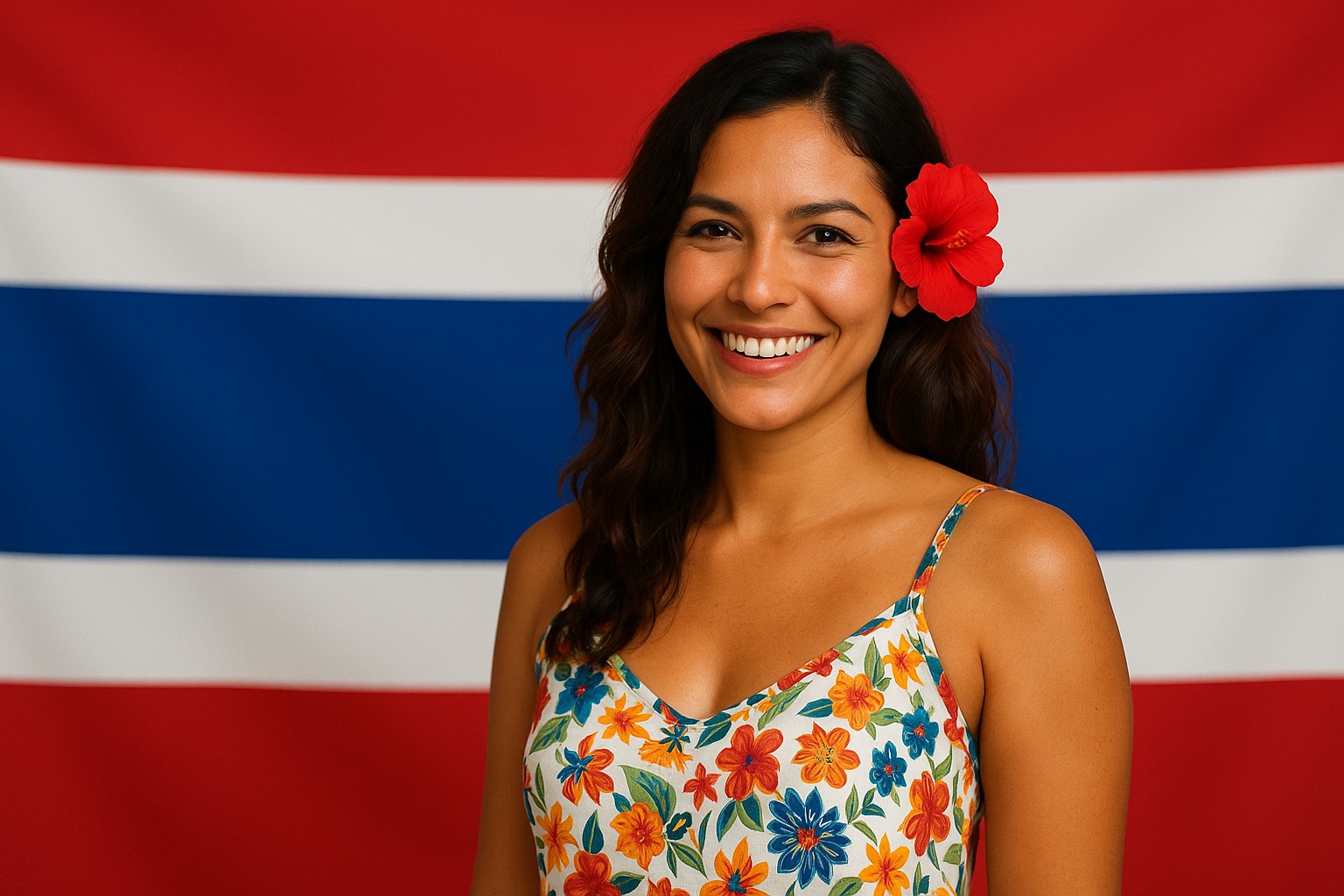 Junge Frau vor der Flagge von Costa Rica
