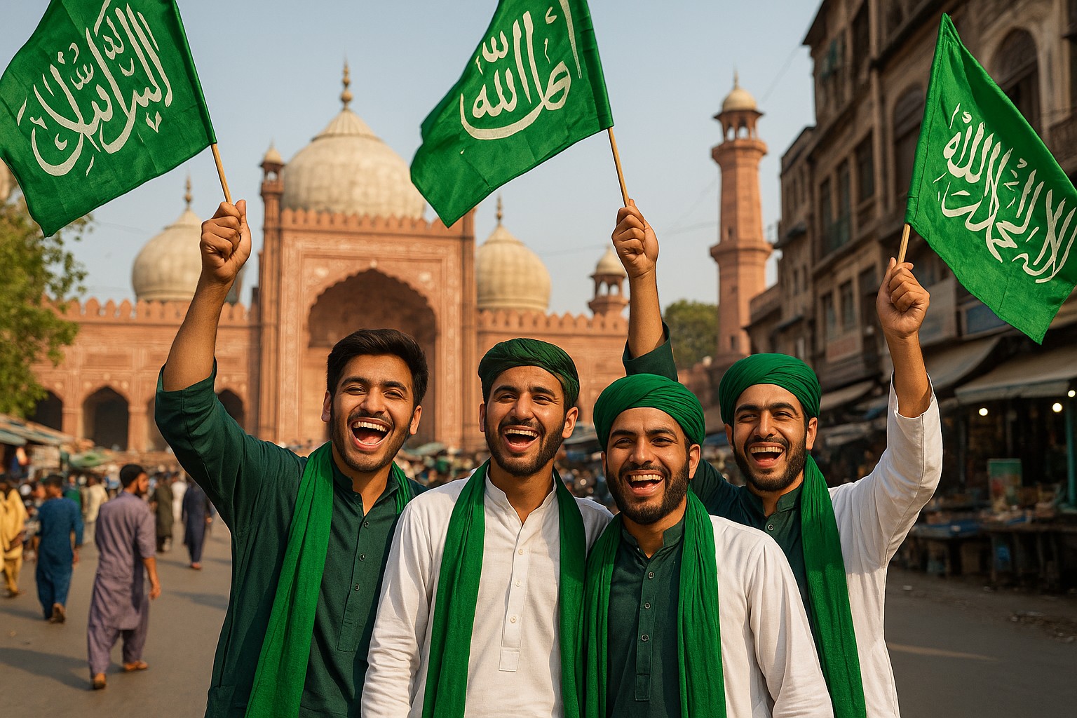 Vier junge Männer in traditionellen pakistanischen Gewändern feiern lachend mit grünen Fahnen vor der historischen Jama Masjid in Lahore.
