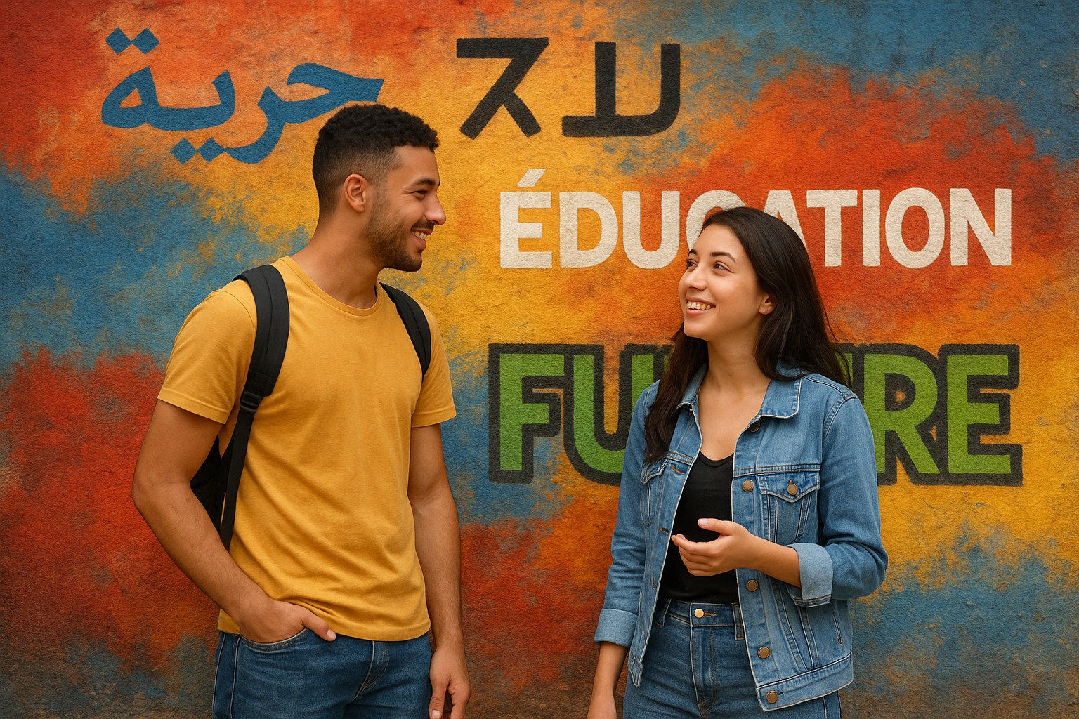 Ein junger Mann und eine junge Frau unterhalten sich vor einer bunten Wand mit den Wörtern „Freiheit“, „ÉDUCATION“ und „FUTURE“ in verschiedenen Sprachen.
