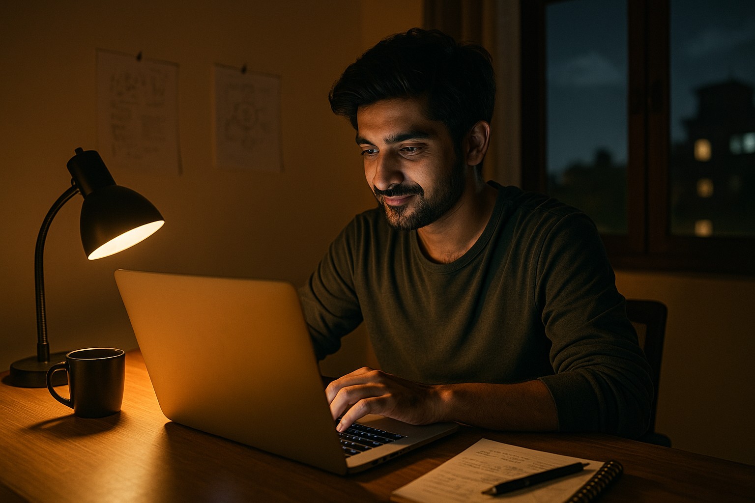 Ein junger südasiatischer Mann arbeitet konzentriert spät in der Nacht an seinem Laptop, beleuchtet von einer Schreibtischlampe, mit nächtlicher Stadtansicht im Fenster.
