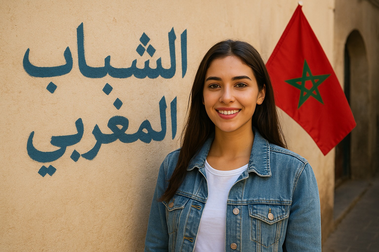 Eine junge marokkanische Frau steht lächelnd vor einer Wand mit arabischer Aufschrift „الشباب المغربي“ und einer marokkanischen Flagge, im Hintergrund ein enger Gassenbogen.
