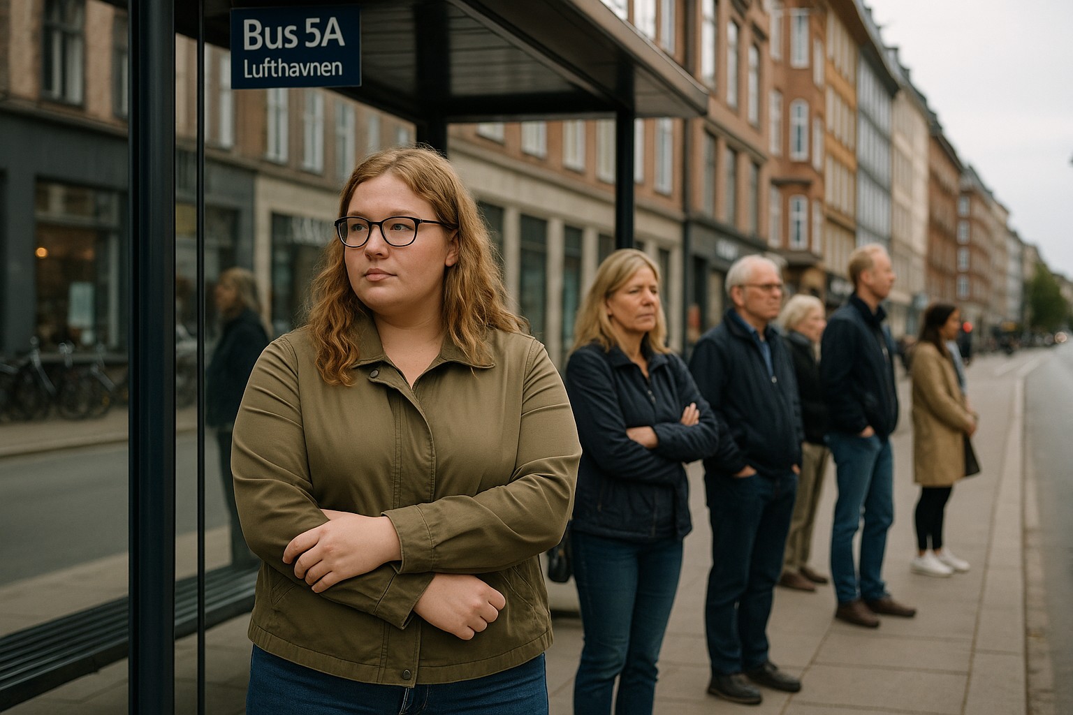 Eine junge kurvige Dänin mit Brille steht ruhig an der Bushaltestelle „Bus 5A – Lufthavnen“ in Kopenhagen, während andere Passanten in respektvollem Abstand ebenfalls auf den Bus warten.

