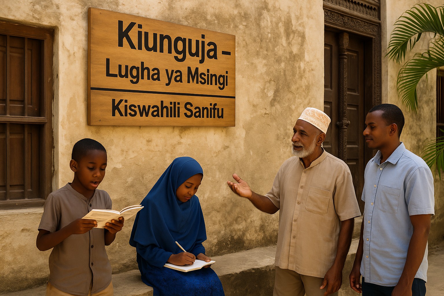 Vier Menschen unterschiedlichen Alters stehen vor einem Gebäude in Sansibar, neben einem Schild mit der Aufschrift „Kiunguja – Lugha ya Msingi / Kiswahili Sanifu“.
