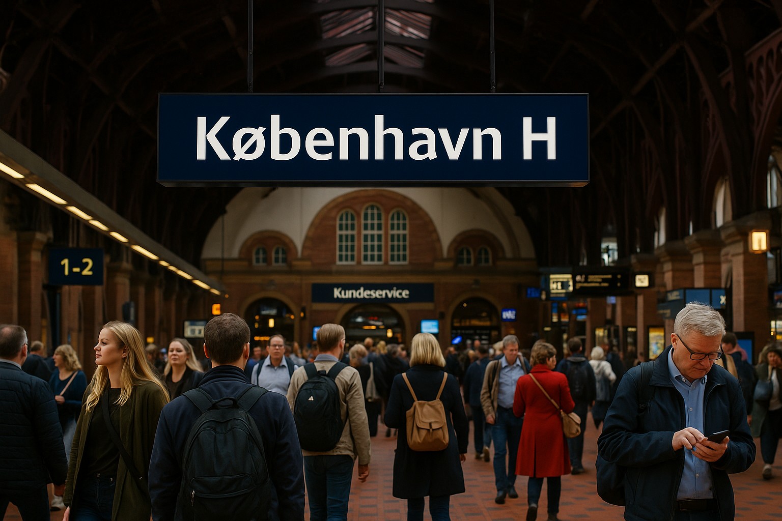 Eine hochauflösende Fotografie zeigt die zentrale Bahnhofshalle von København H mit einem deutlich sichtbaren Schild „København H“. Im Vordergrund bewegen sich zahlreiche Reisende unterschiedlichen Alters und Geschlechts durch die Halle, darunter auch Skandinavier aus Dänemark, Schweden und Norwegen. Im Hintergrund erkennt man die historische Backsteinarchitektur und Schilder wie „Kundeservice“.
