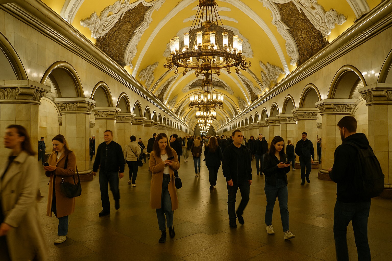 Ein hochauflösendes Foto zeigt die Komsomolskaja-Station der Moskauer Metro mit prächtigen Kronleuchtern, barocken Gewölbedecken und symmetrisch angeordneten Marmorsäulen, während zahlreiche Fahrgäste durch die beeindruckende Halle gehen.
