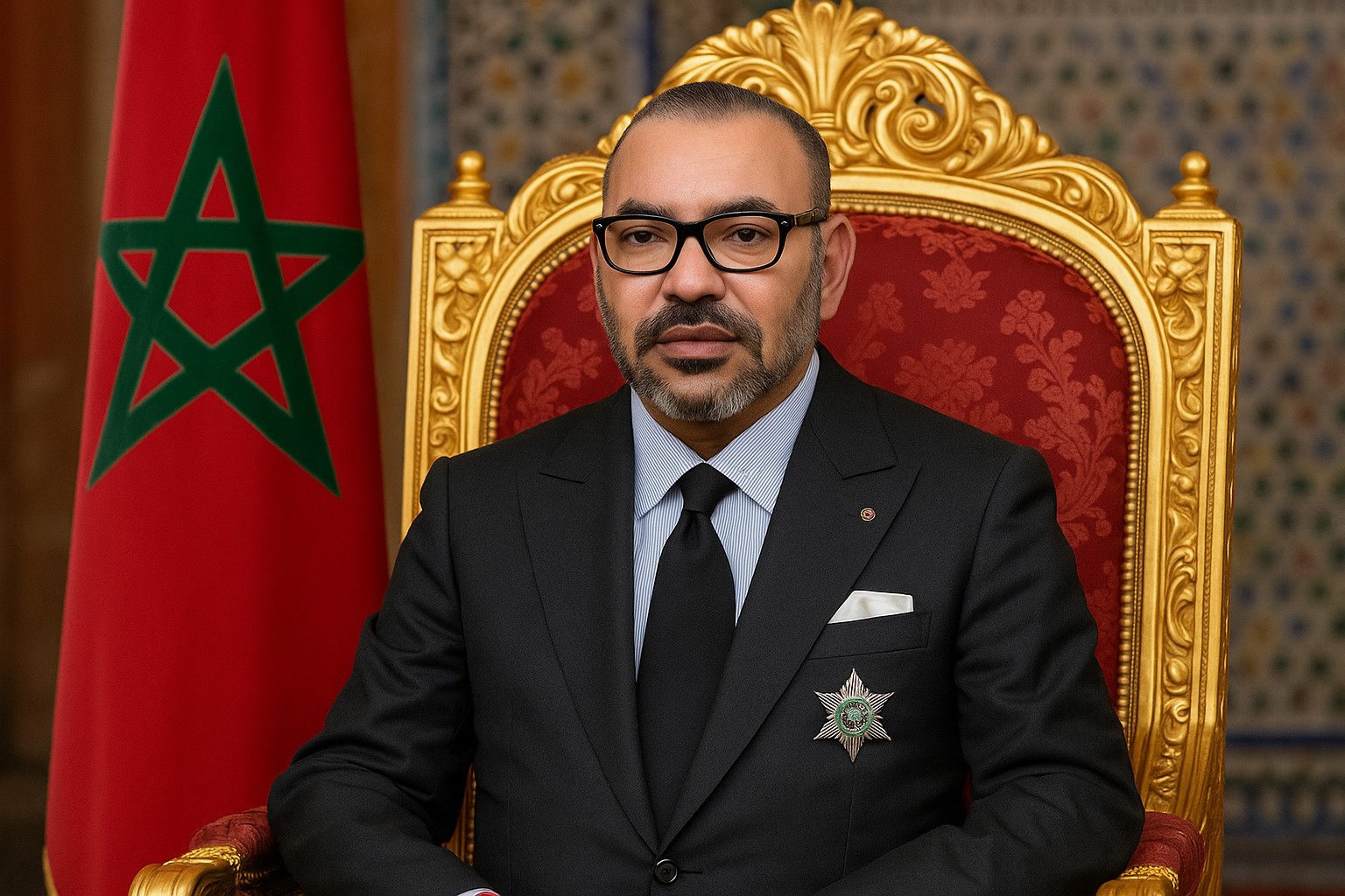 Ein hochauflösendes Foto zeigt König Mohammed VI. von Marokko, der in einem eleganten dunkelgrauen Anzug auf einem kunstvoll verzierten goldenen Thron sitzt, flankiert von der marokkanischen Flagge und traditionellen Mustern im Hintergrund.
