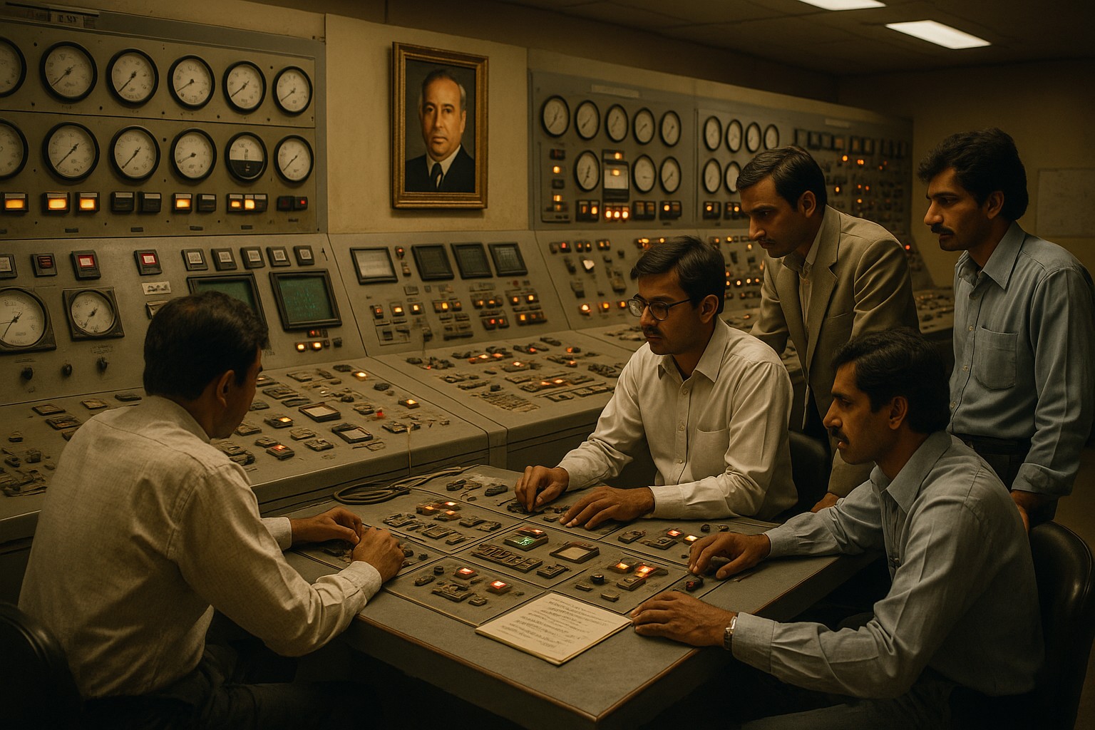 Ein Foto aus den 1980er-Jahren zeigt den Kontrollraum eines pakistanischen Atomkraftwerks mit vier Ingenieuren, die an analogen Schaltpulten mit Anzeigen, Schaltern und Röhrenmonitoren arbeiten.

