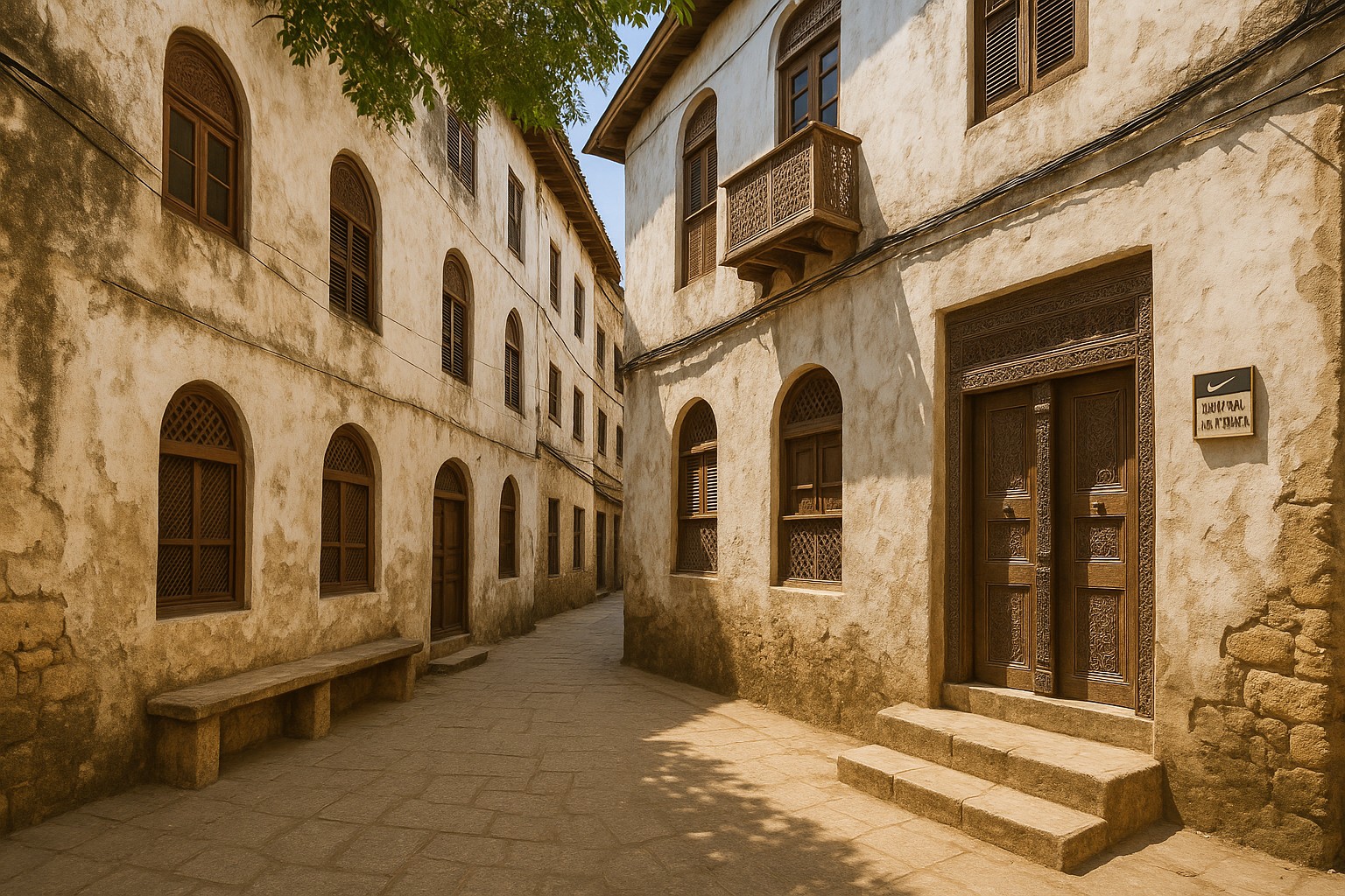 Ein historischer Gassenabschnitt in Stone Town, Sansibar, mit korallensteinernen Häusern, verzierten Holztüren und Fensterläden im Swahili-Stil.
